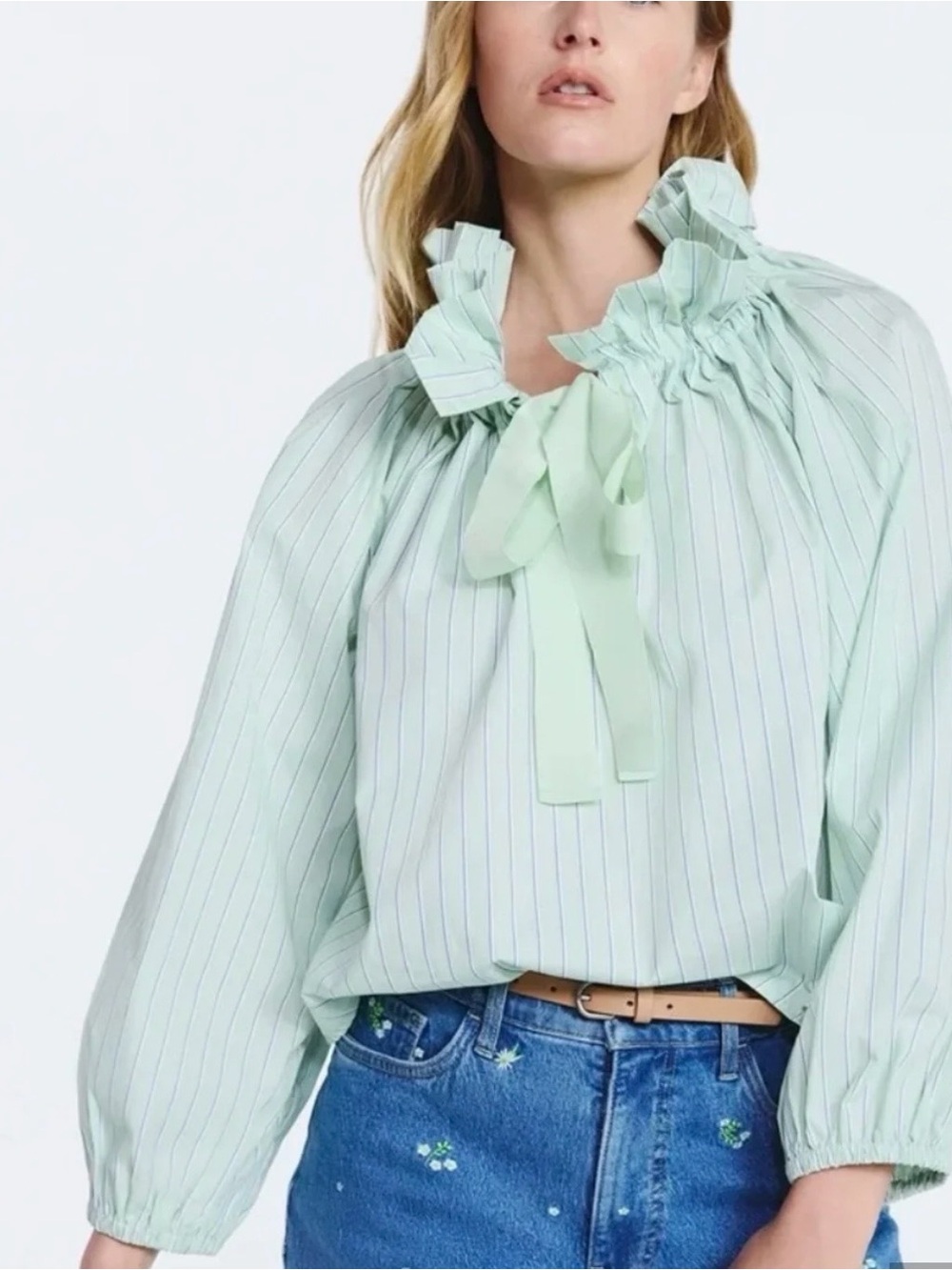 Free Assembly Mint Green Striped Ruffle Tie-Neck Puff Sleeve Top Sz M